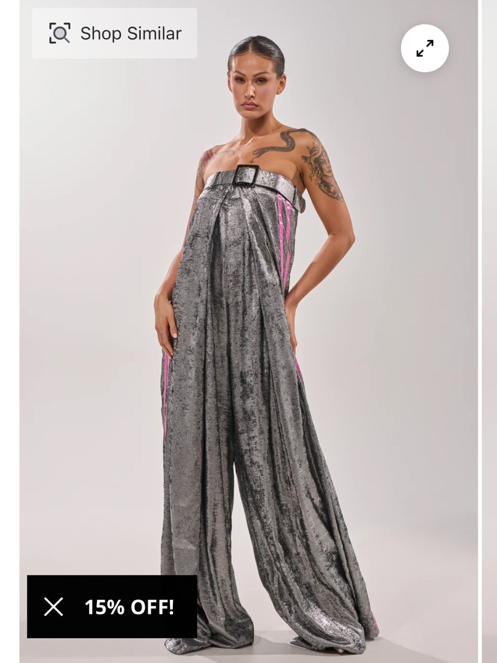 Strapless Metallic Wide-Leg Jumpsuit with Pink Accent